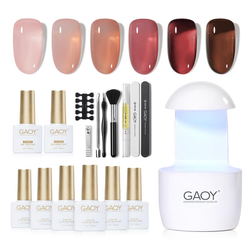 GAOY Gel Nail Polish Kit with UV Light for Beginners 6 Colors Sheer Nude Red Pink Brown Gel Polish Kit with Top and Base Coat for Salon and Nail Art DIY at Home Rose Garden